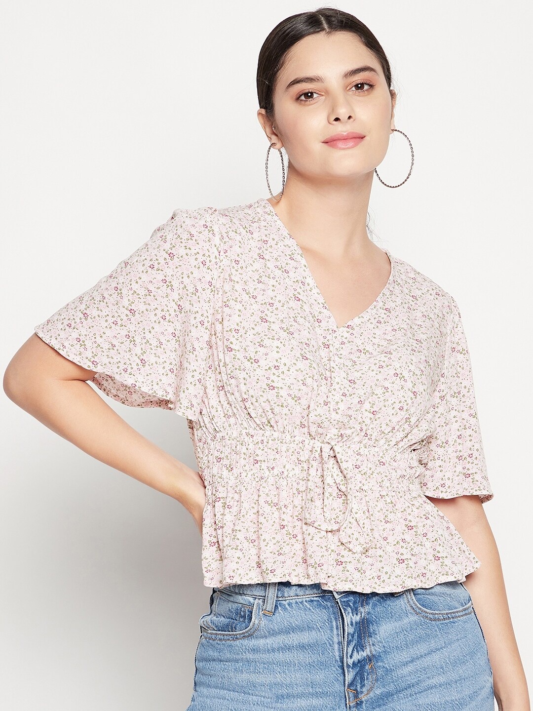 

Madame Peach-Coloured Floral Print Cinched Waist Top