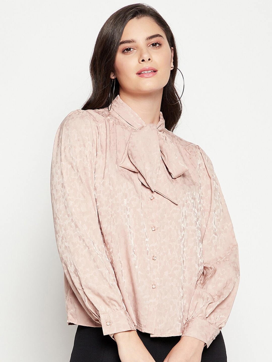 

Madame Beige Self Design Tie-Up Neck Shirt Style Top