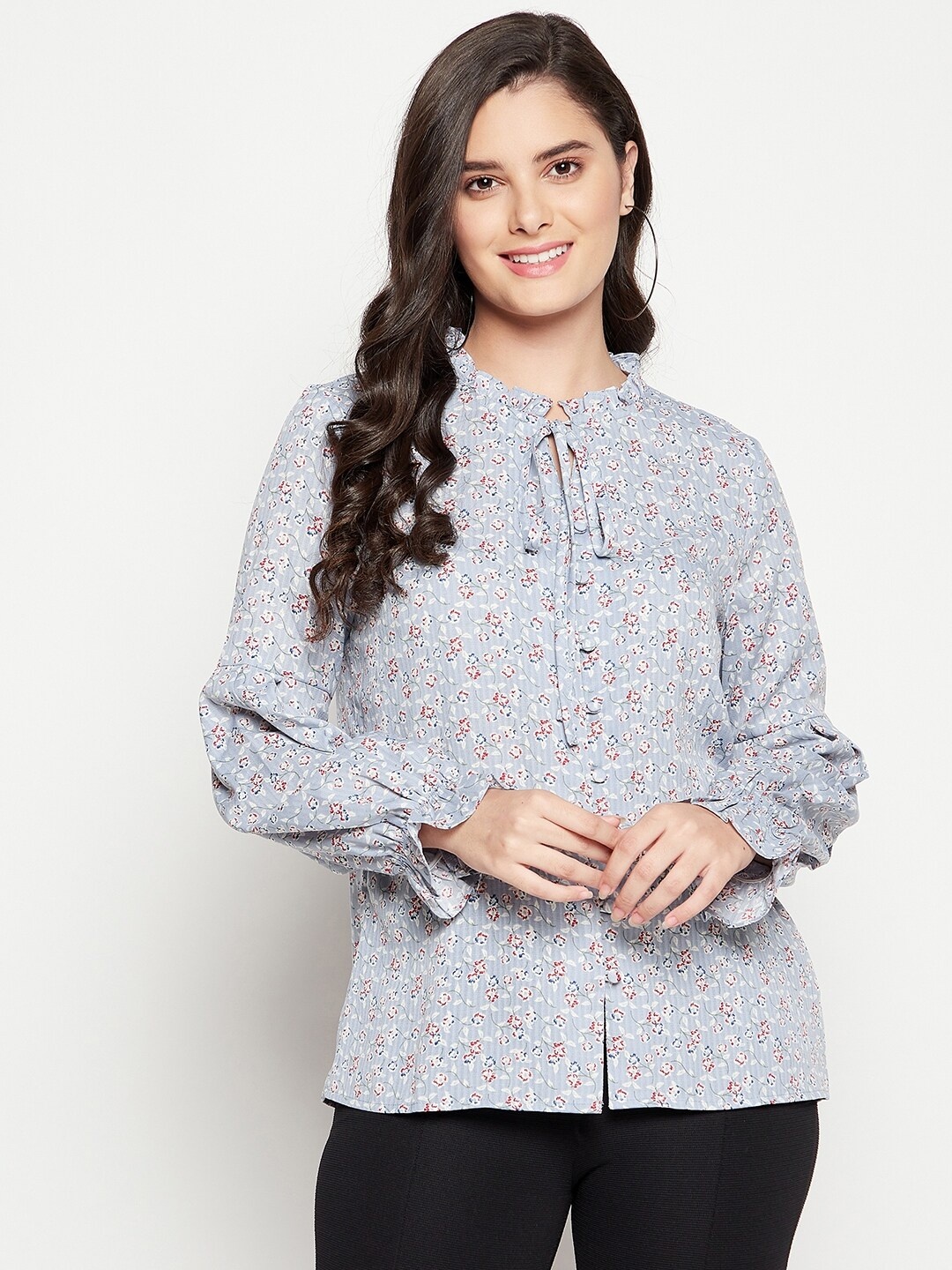 

Madame Blue Floral Print Tie-Up Neck Top