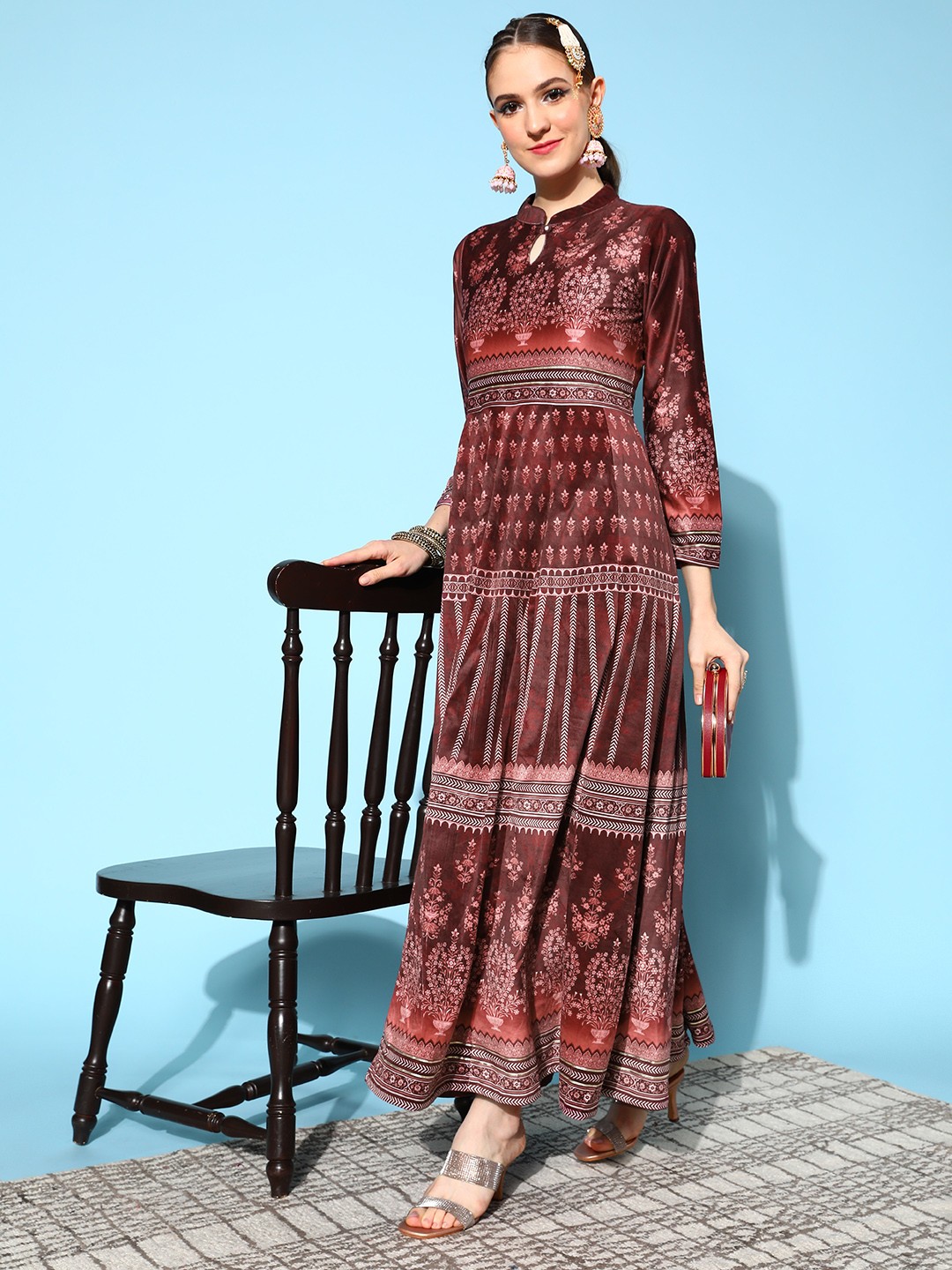 

Ahalyaa Women Burgundy Velvet Digital Print Dress