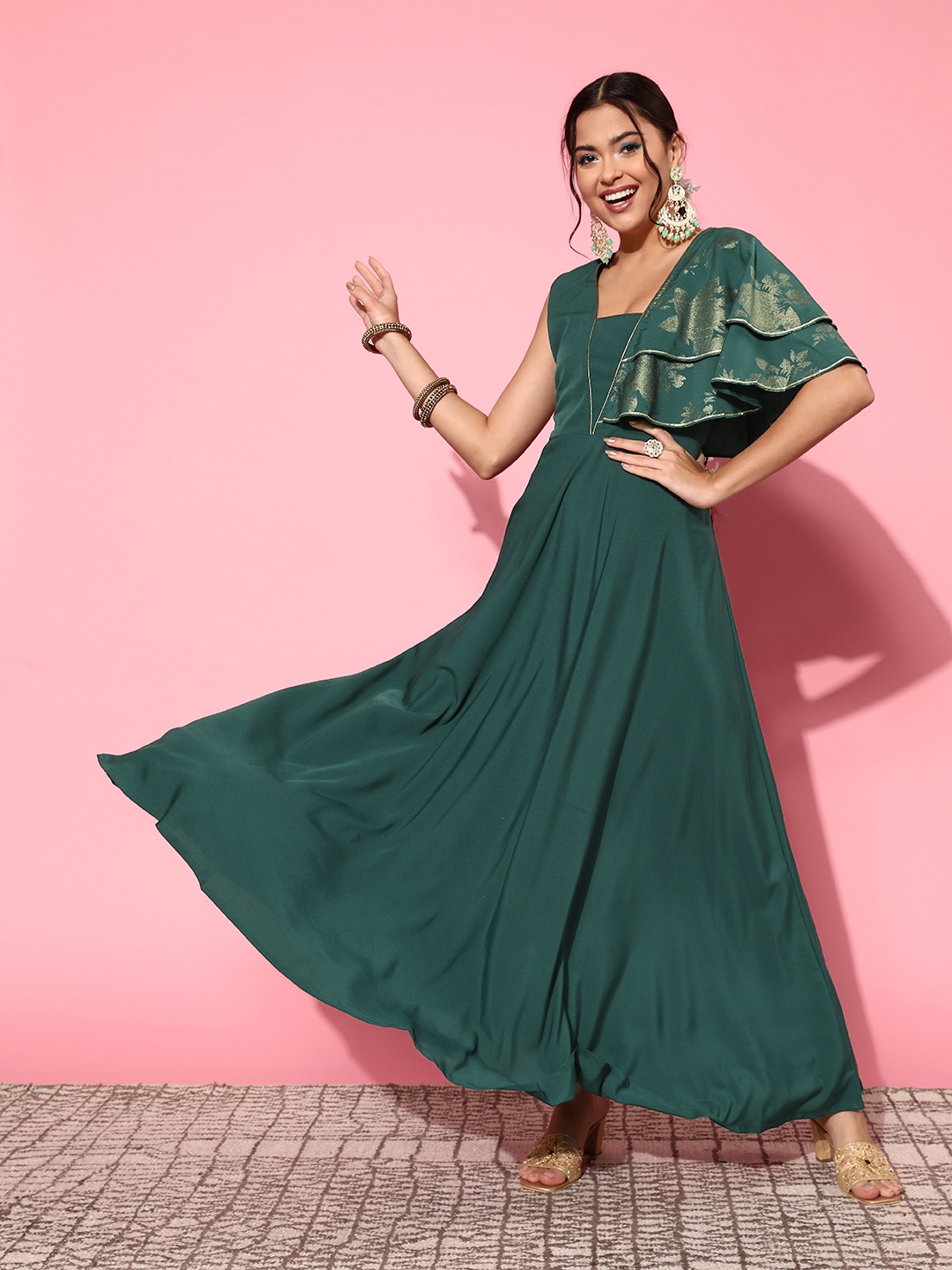 

Ahalyaa Gorgeous Green Ethnic Motifs Ruffled Dress