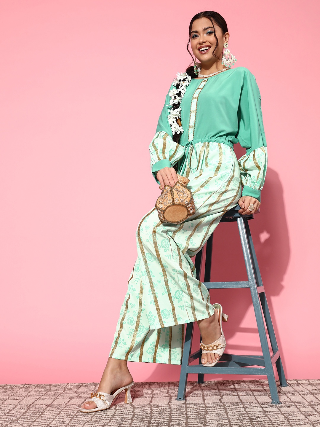 

Ahalyaa Women Gorgeous Green Printed Once Upon a Sleeve Jumpsuit
