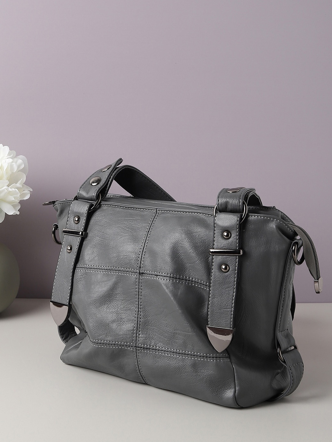 

HAUTE SAUCE by Campus Sutra Grey PU Structured Shoulder Bag