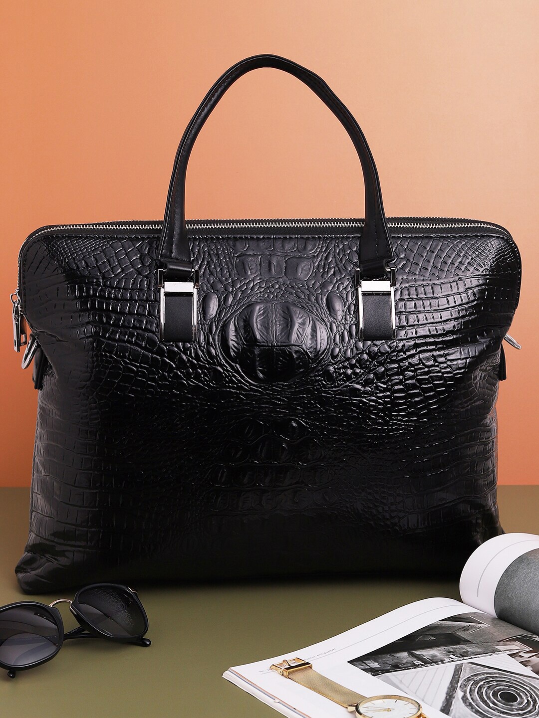 

HAUTE SAUCE by Campus Sutra Women Black Textured PU Laptop Bag