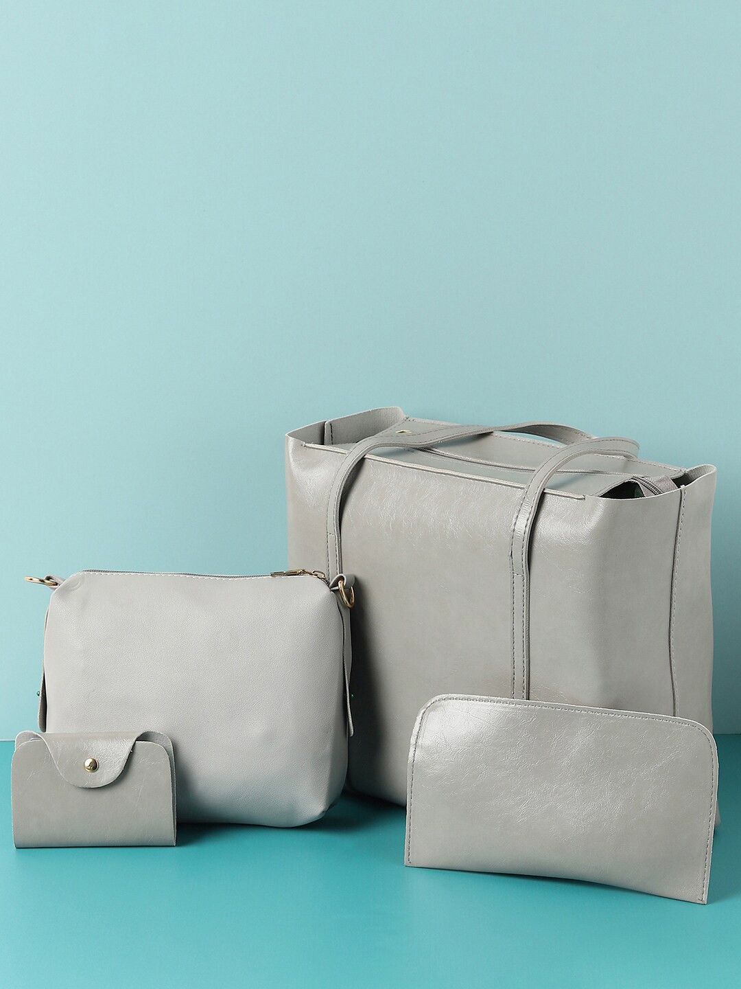 

HAUTE SAUCE by Campus Sutra Pack Of 4 Grey PU Oversized Structured Shoulder Bag with Purse