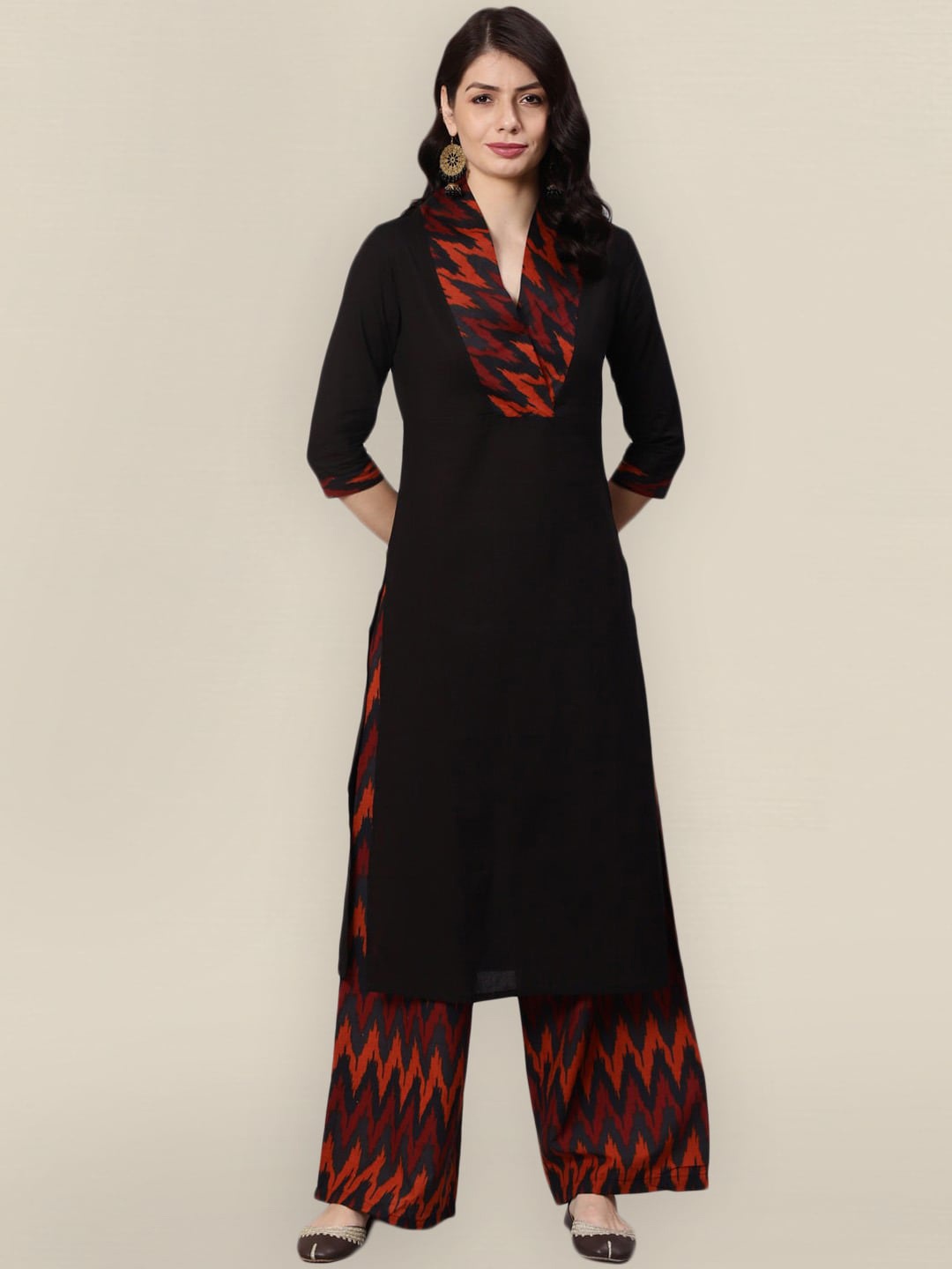 

Sangria Women Black & Red Yoke Design Ikat Pure Cotton Kurta with Palazzos