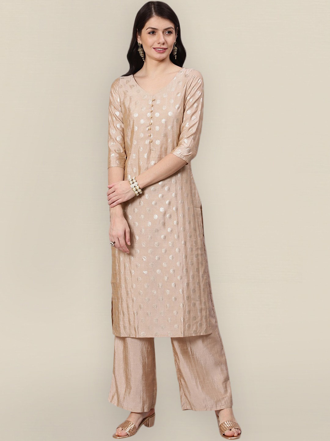 

Sangria Women Beige Pleated Kurta with Palazzos