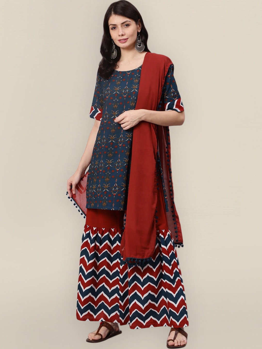 

Sangria Women Blue Printed Pure Cotton Kurta with Sharara & With Dupatta