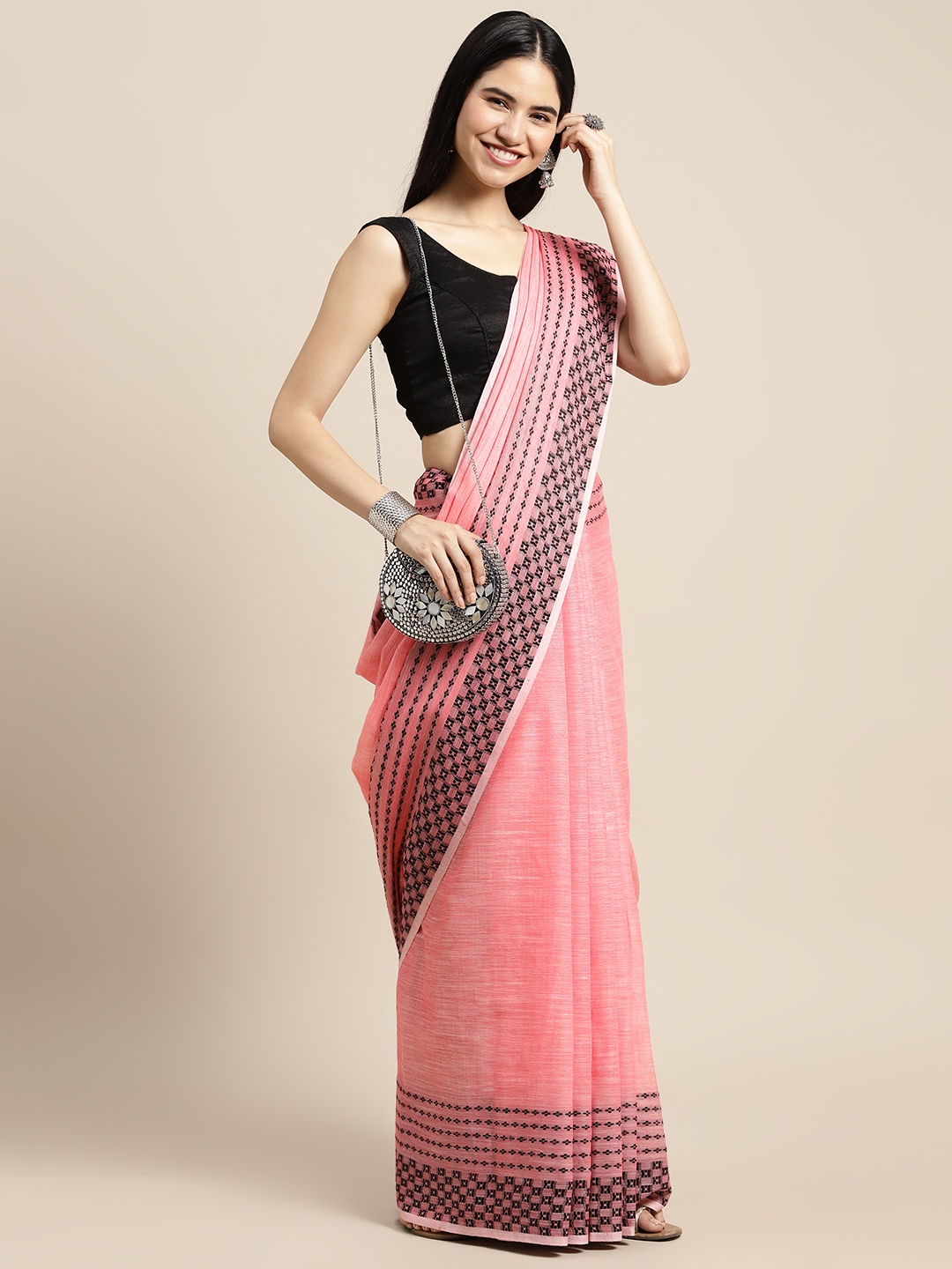 

SANGAM PRINTS Peach-Coloured & Black Solid Linen Blend Saree