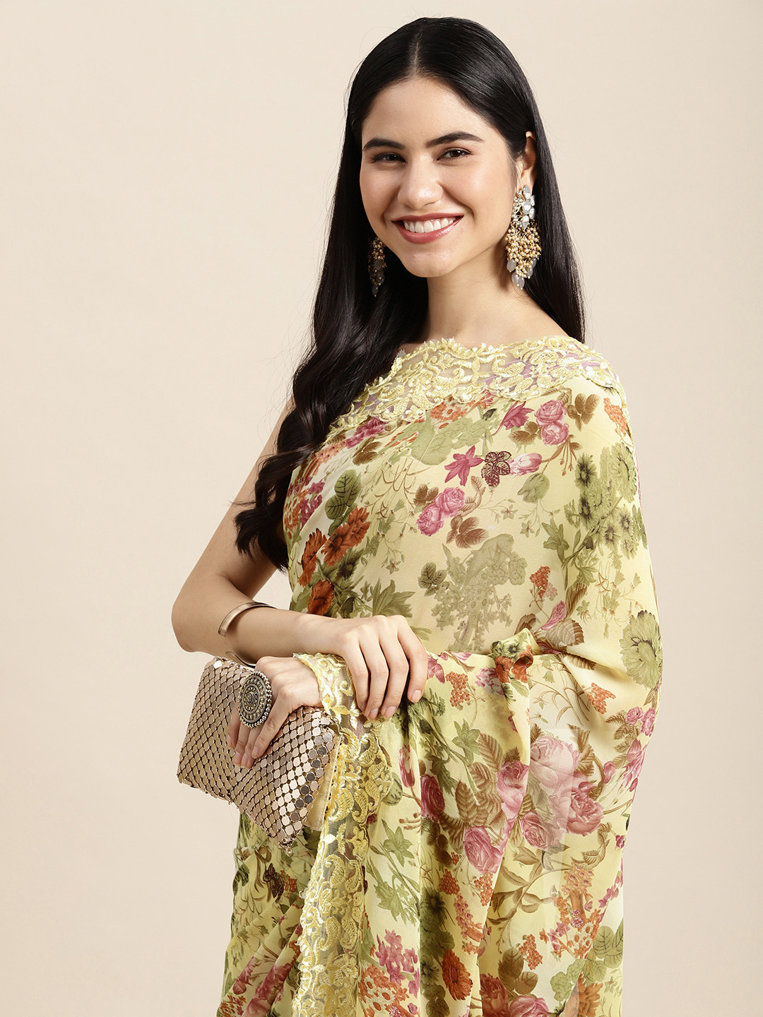 

SANGAM PRINTS Yellow & Pink Floral Printed Embroidered Detail Saree