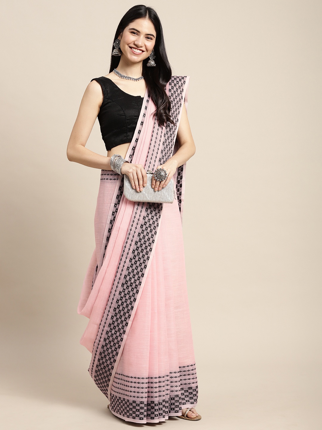 

SANGAM PRINTS Pink & Black Solid Linen Blend Saree