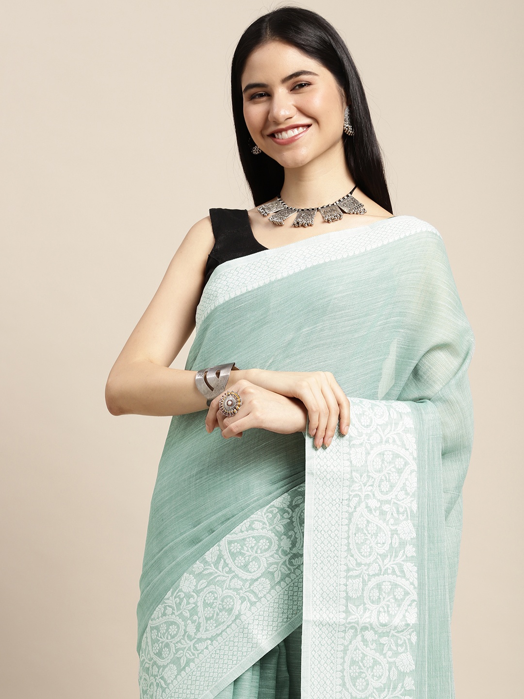 

SANGAM PRINTS Grey Embroidered Linen Blend Saree