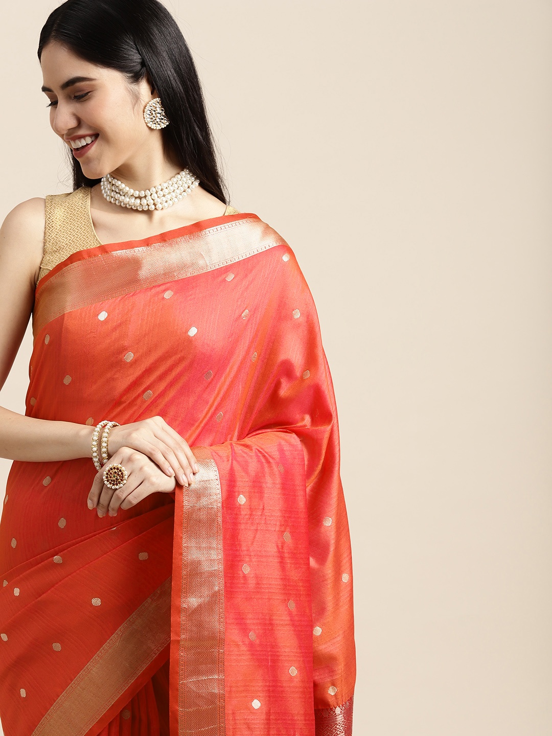 

SANGAM PRINTS Coral Red Woven Design Silk Blend Saree