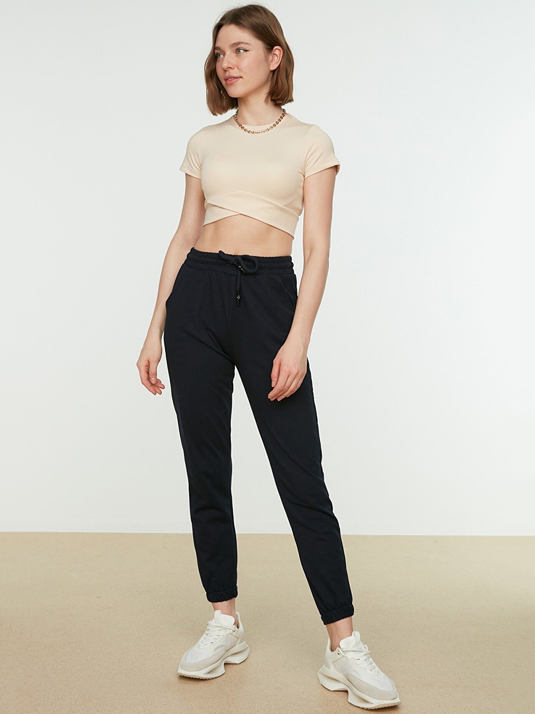 

Trendyol Women Navy Blue Solid Mid-Rise Cotton Track Pants