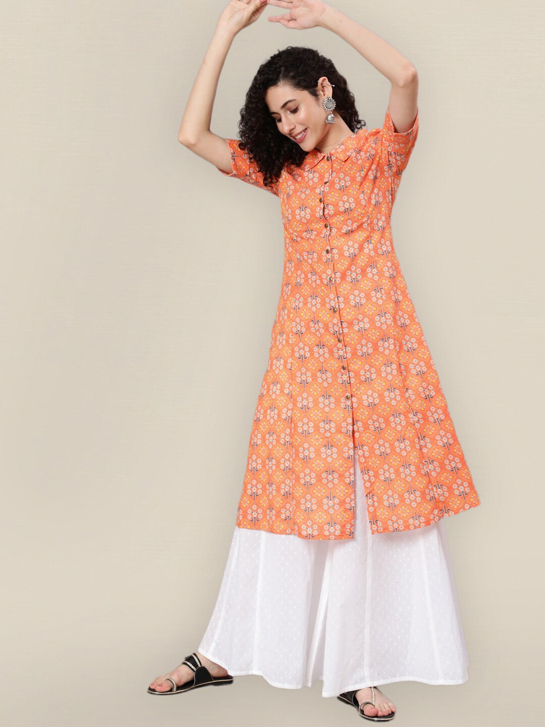 

Sangria Women Orange Floral Printed Pure Cotton Kurta