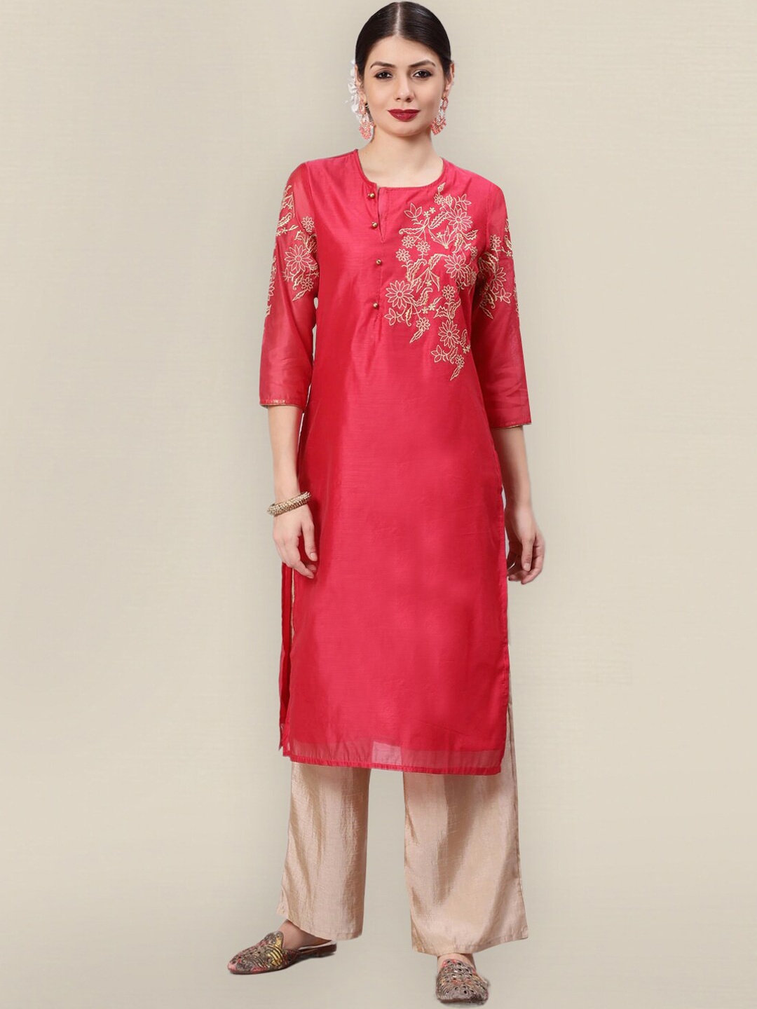 

Sangria Women Magenta & Beige Floral Embroidered Chanderi Silk Kurta