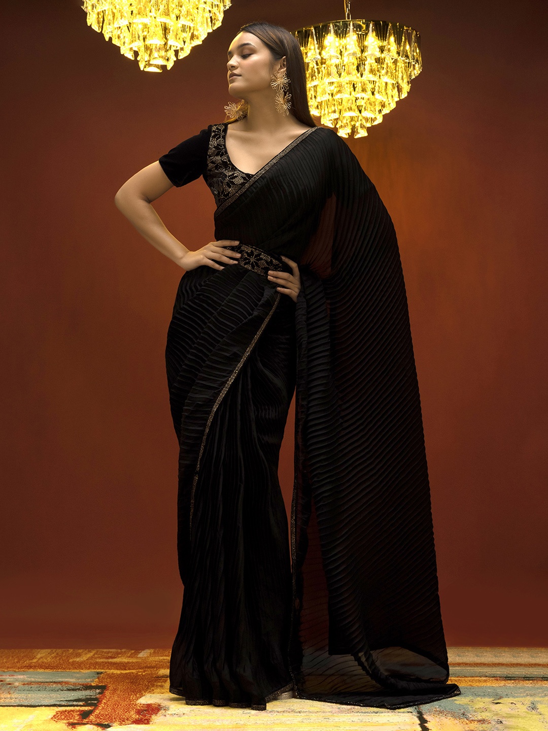 

Soch Black & Gold-Toned Sequinned Pure Crepe Saree