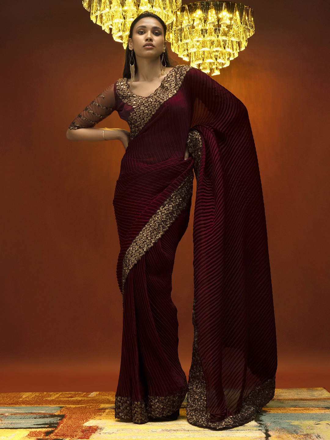 

Soch Maroon & Gold-Toned Sequinned Pure Crepe Saree