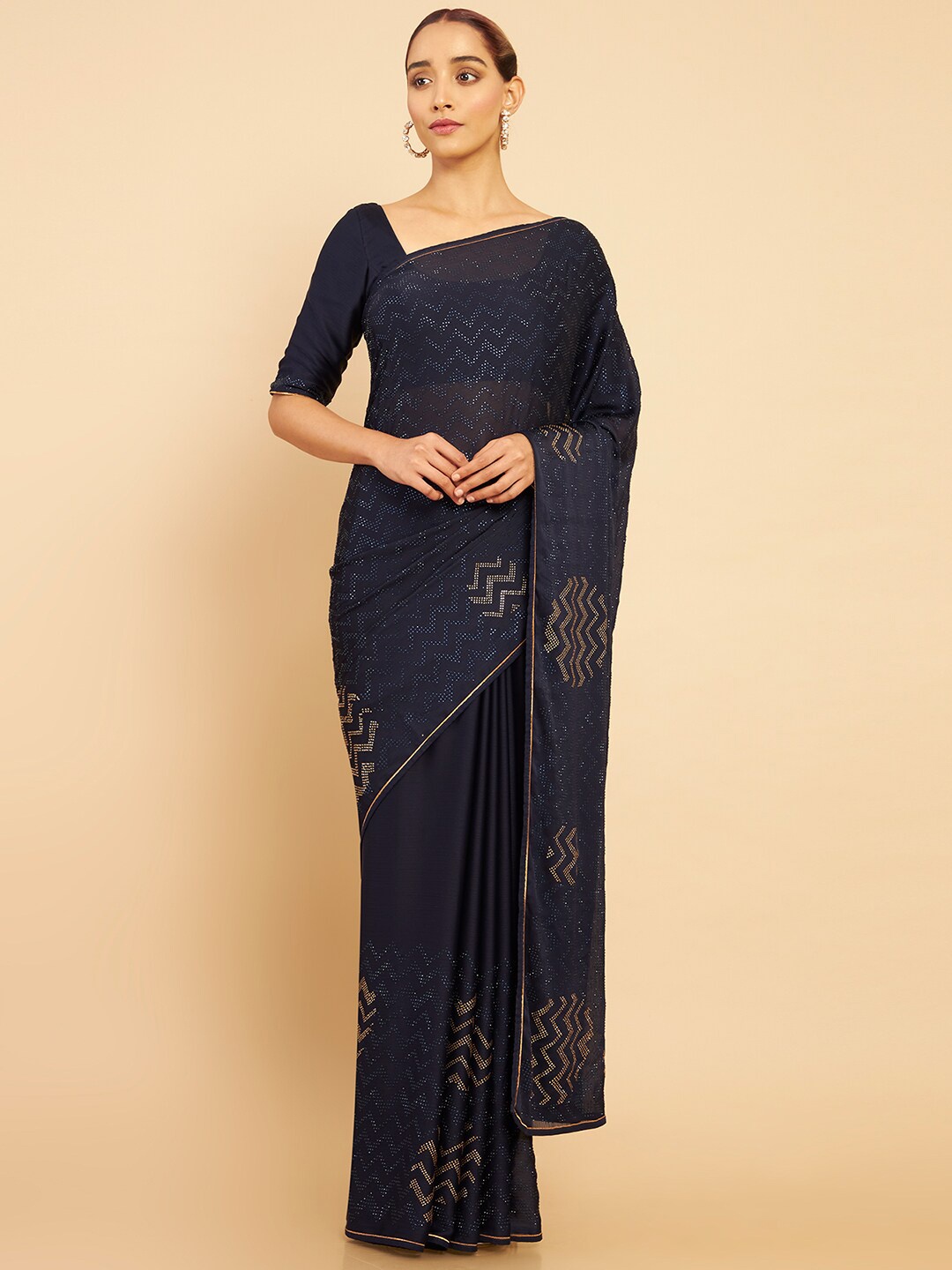 

Soch Navy Blue & Gold-Toned Embellished Sequinned Pure Chiffon Saree