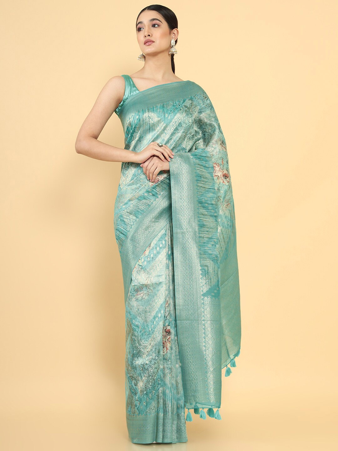 

Soch Teal & Gold-Toned Floral Zari Silk Cotton Saree