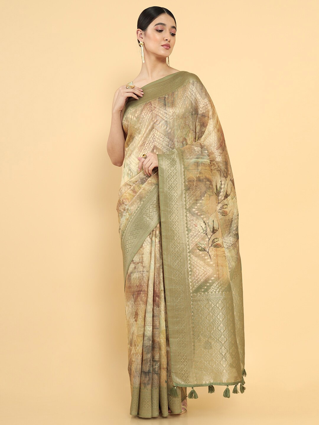 

Soch Green & Gold-Toned Woven Design Zari Silk Cotton Saree
