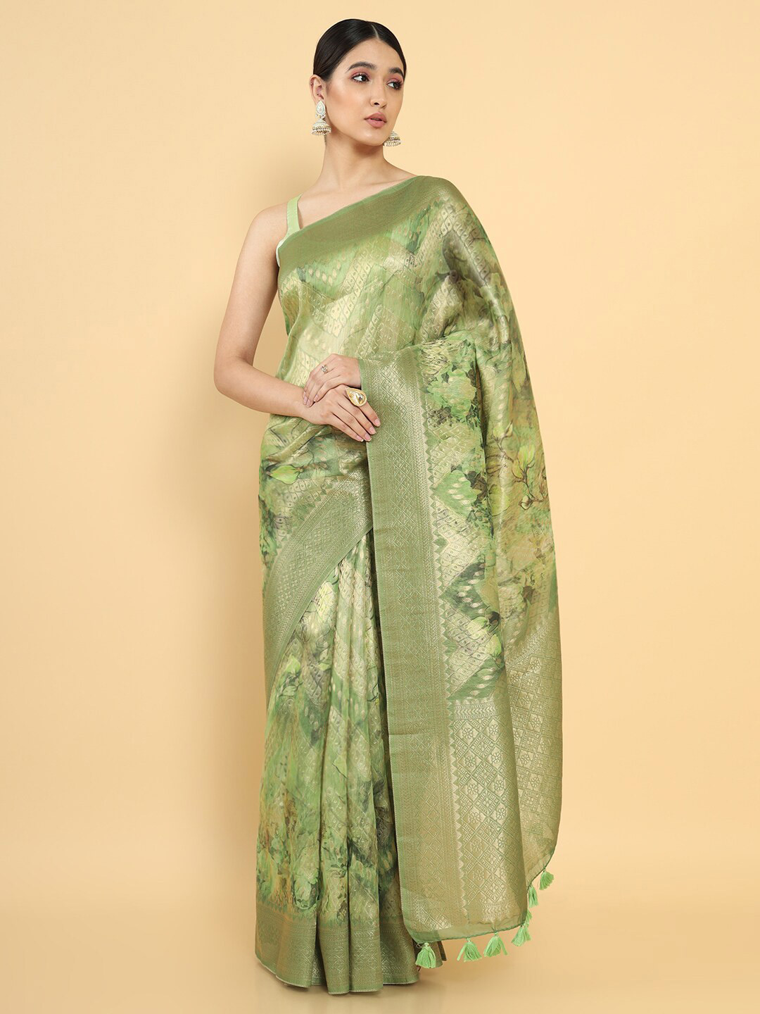 

Soch Women Green & Gold-Toned Floral Zari Silk Cotton Saree