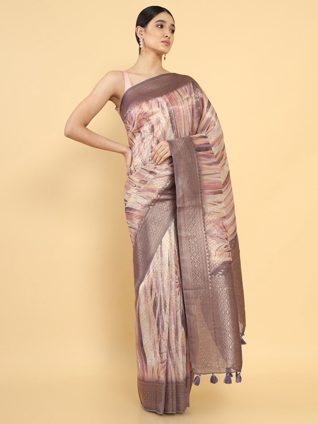 

Soch Purple & Gold-Toned Woven Design Zari Silk Cotton Saree