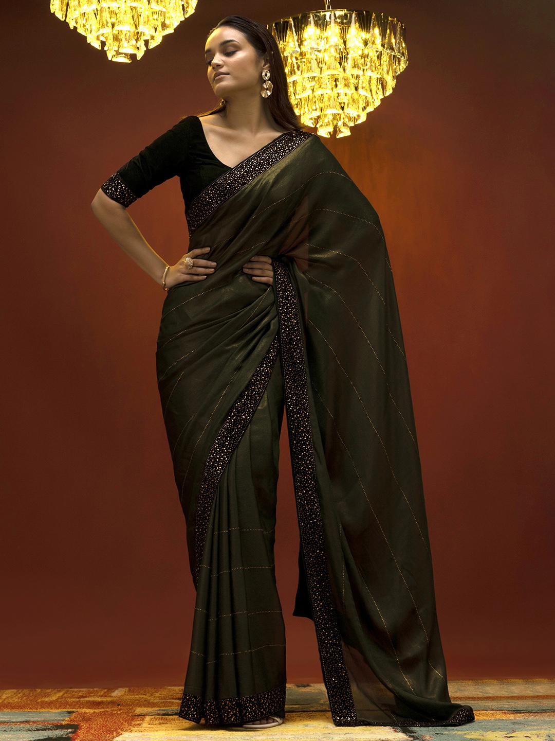 

Soch Green & Gold-Toned Striped Pure Chiffon Saree