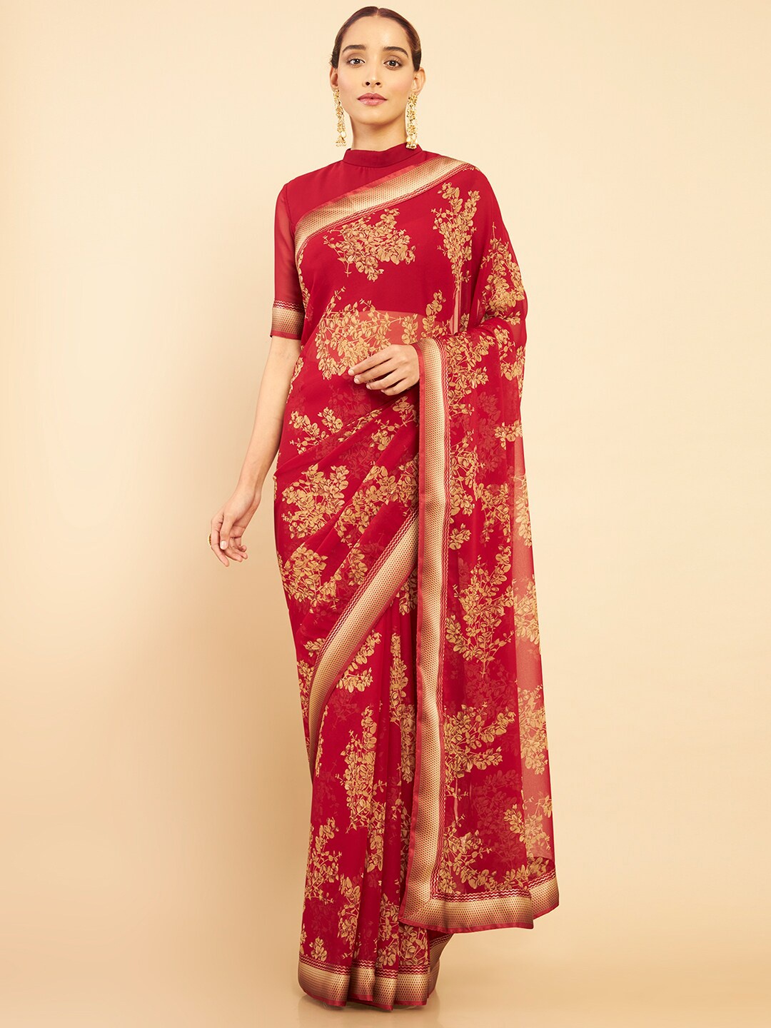 

Soch Maroon & Beige Floral Pure Georgette Saree