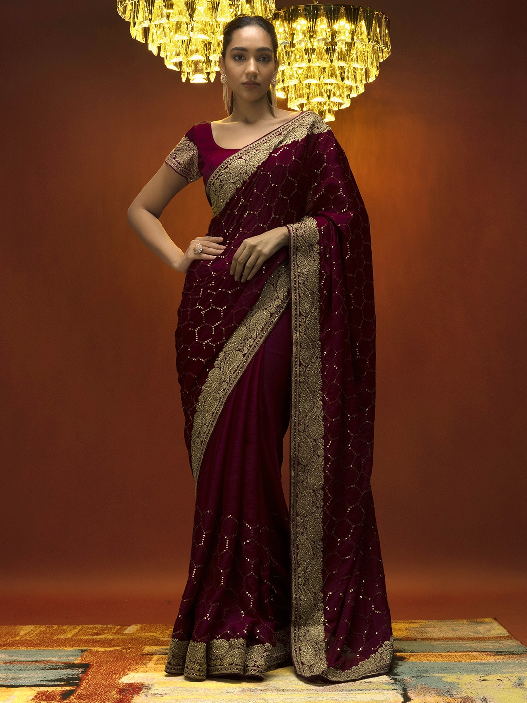 

Soch Maroon & Gold-Toned Sequinned Pure Chiffon Saree