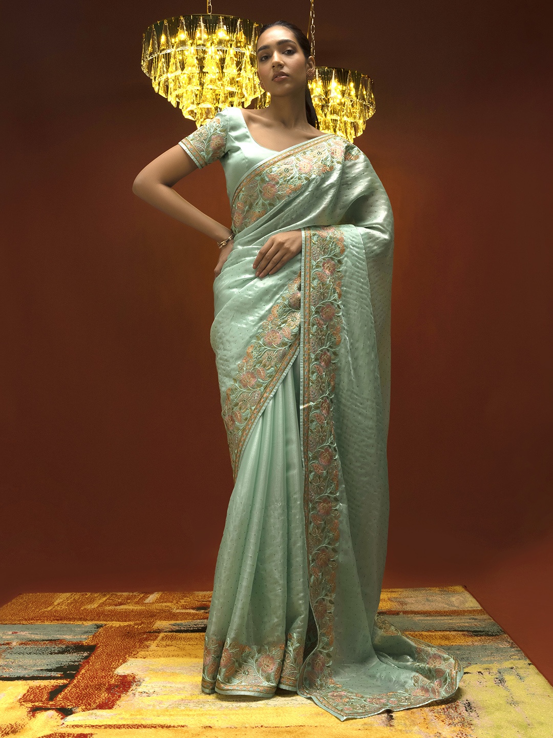 

Soch Blue & Pink Floral Embroidered Organza Saree