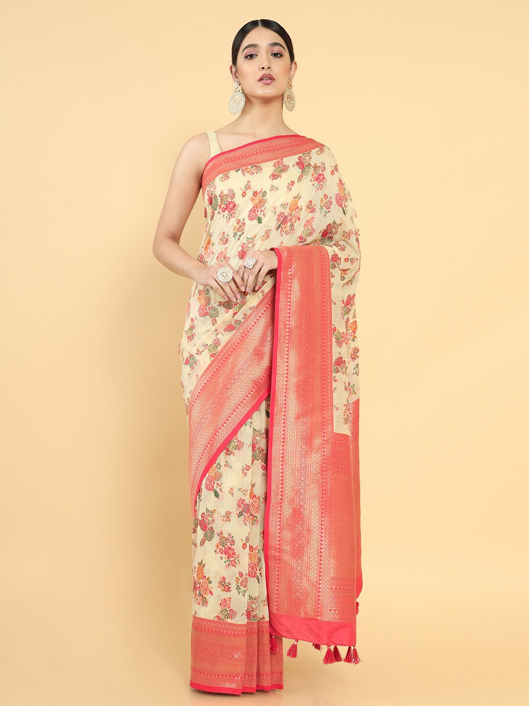 

Soch Beige & Pink Floral Zari Silk Blend Tussar Saree