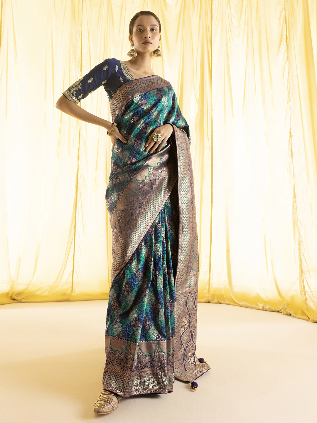 

Soch Teal & Navy Blue Woven Design Zari Silk Blend Tussar Saree