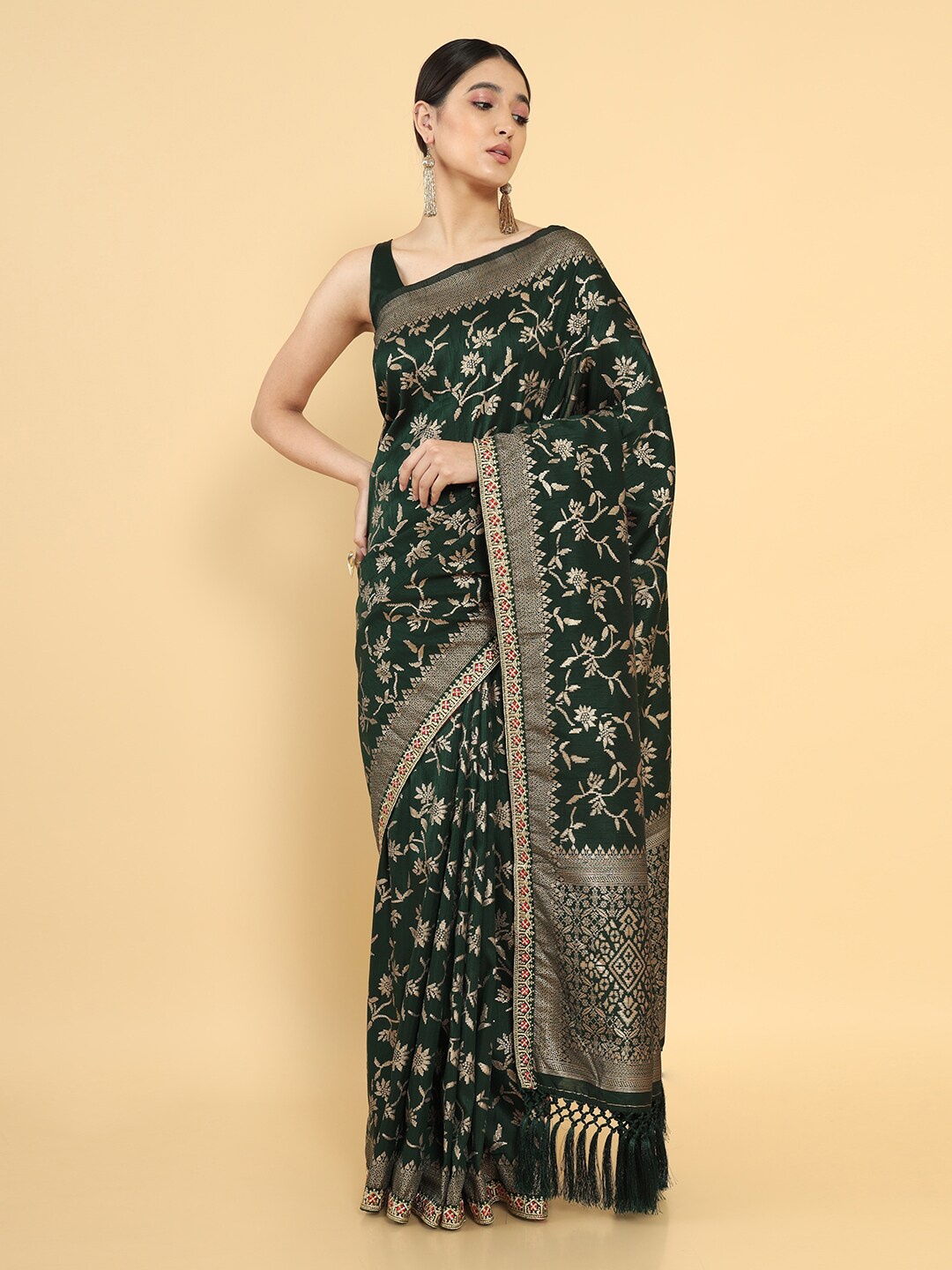 

Soch Green & Gold-Toned Woven Design Zari Silk Blend Tussar Saree