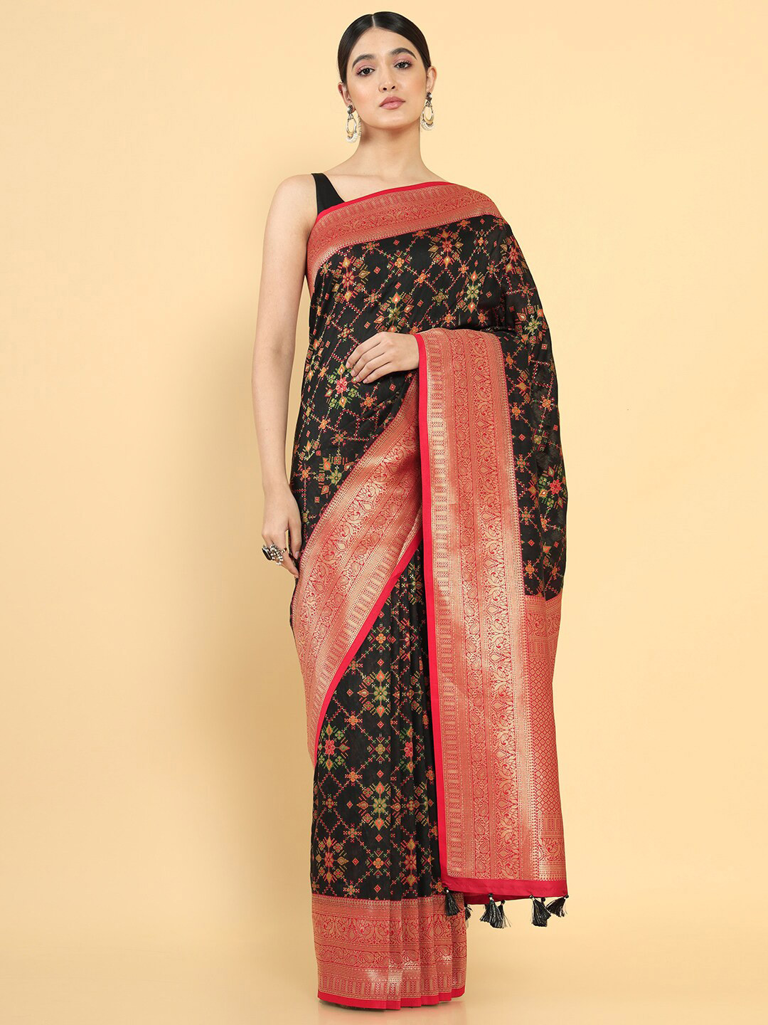 

Soch Black & Red Woven Design Zari Tussar Saree