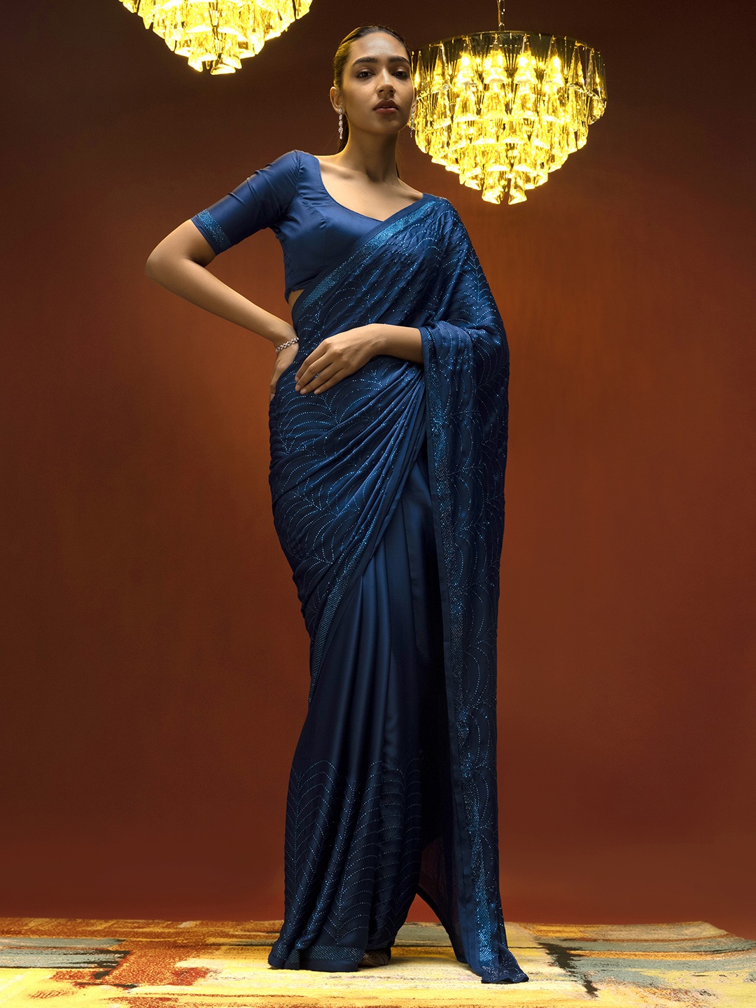 

Soch Blue & Silver-Toned Embellished Pure Crepe Saree