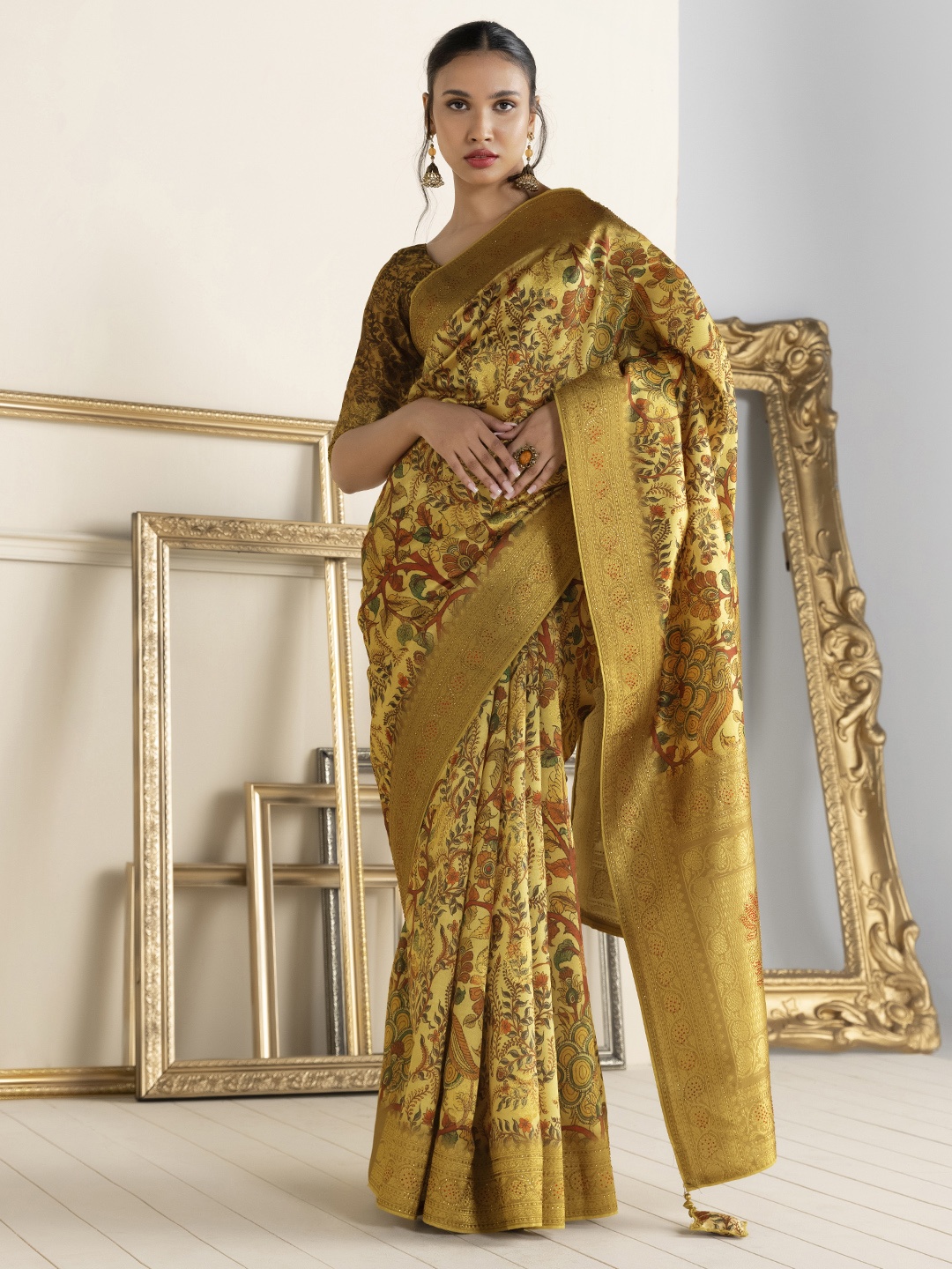 

Soch Mustard & Red Floral Beads and Stones Silk Cotton Chanderi Saree