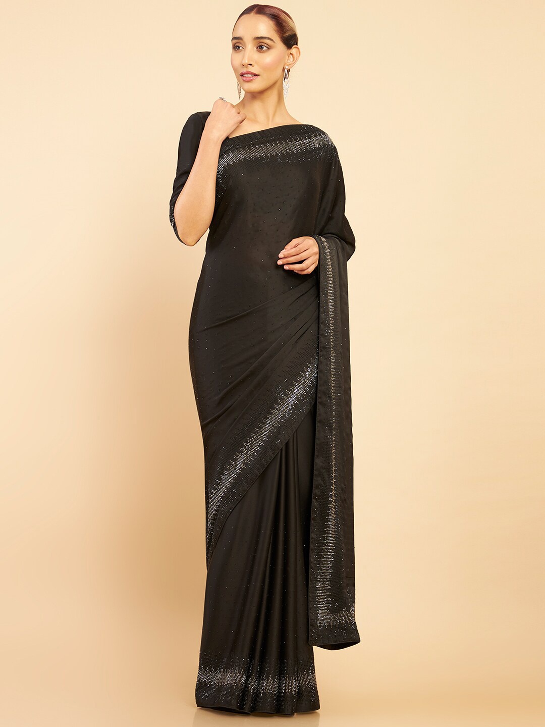 

Soch Black & Silver-Toned Embellished Pure Crepe Saree