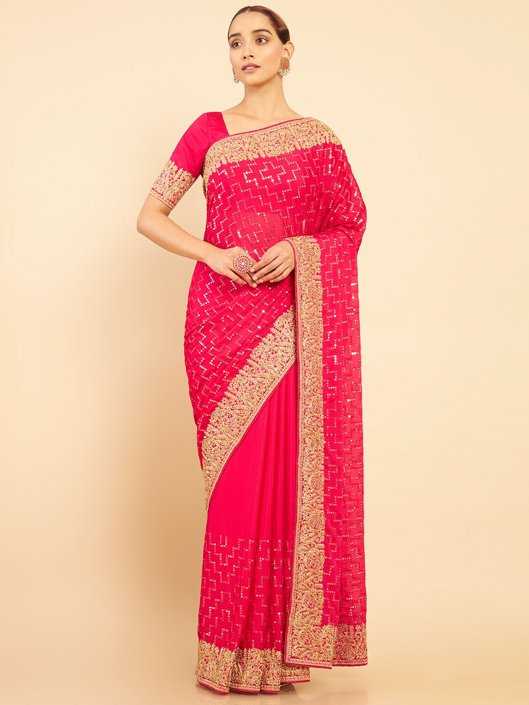 

Soch Fuchsia & Gold-Toned Ethnic Motifs Sequinned Pure Chiffon Saree