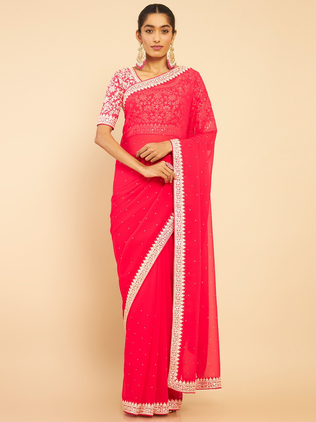 

Soch Women Fuchsia & Off White Floral Beads and Stones Embroidered Pure Georgette Saree