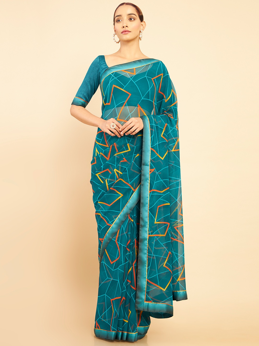 

Soch Beige & Red Floral Pure Georgette Saree