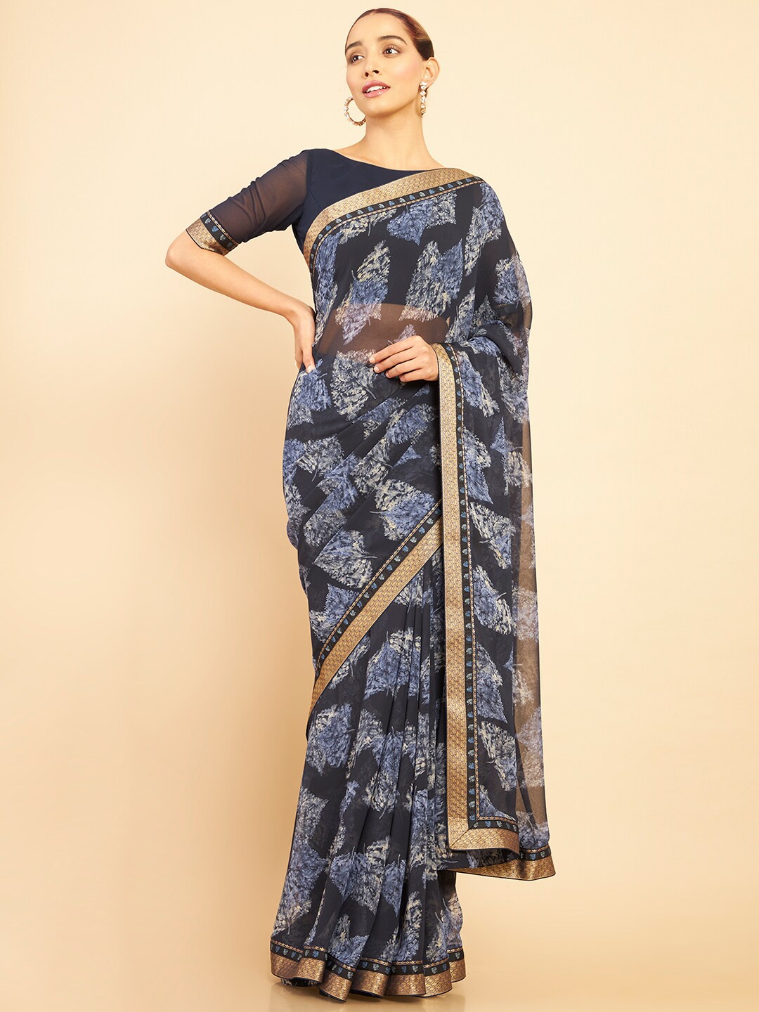 

Soch Navy Blue & Gold-Toned Floral Pure Georgette Saree