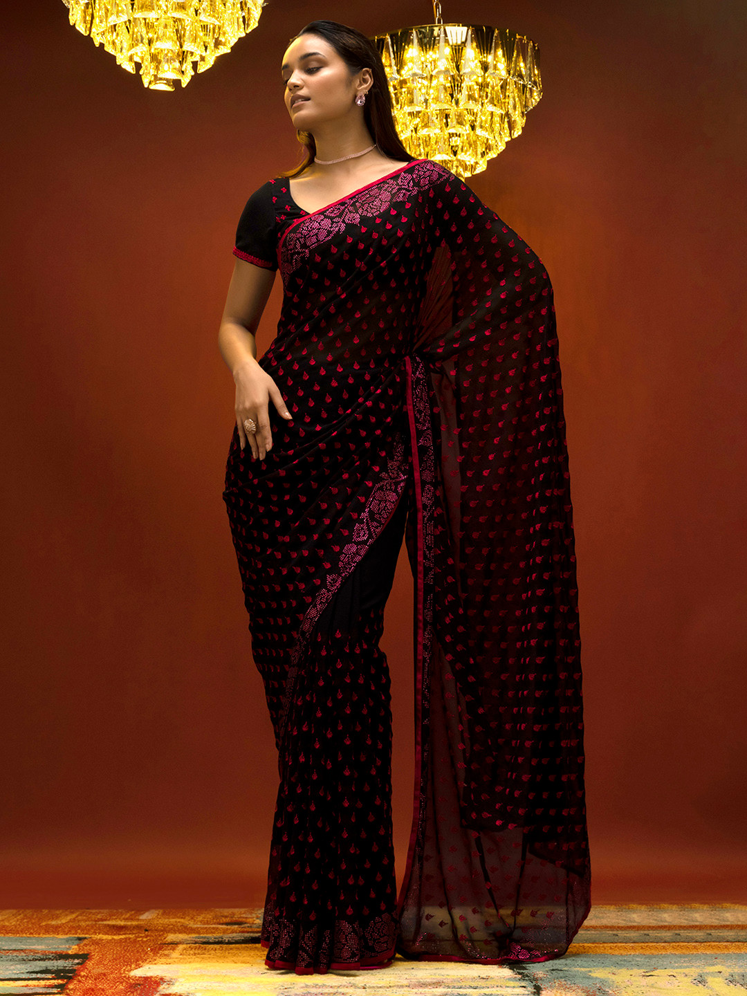 

Soch Black & Red Floral Embroidered Pure Georgette Saree