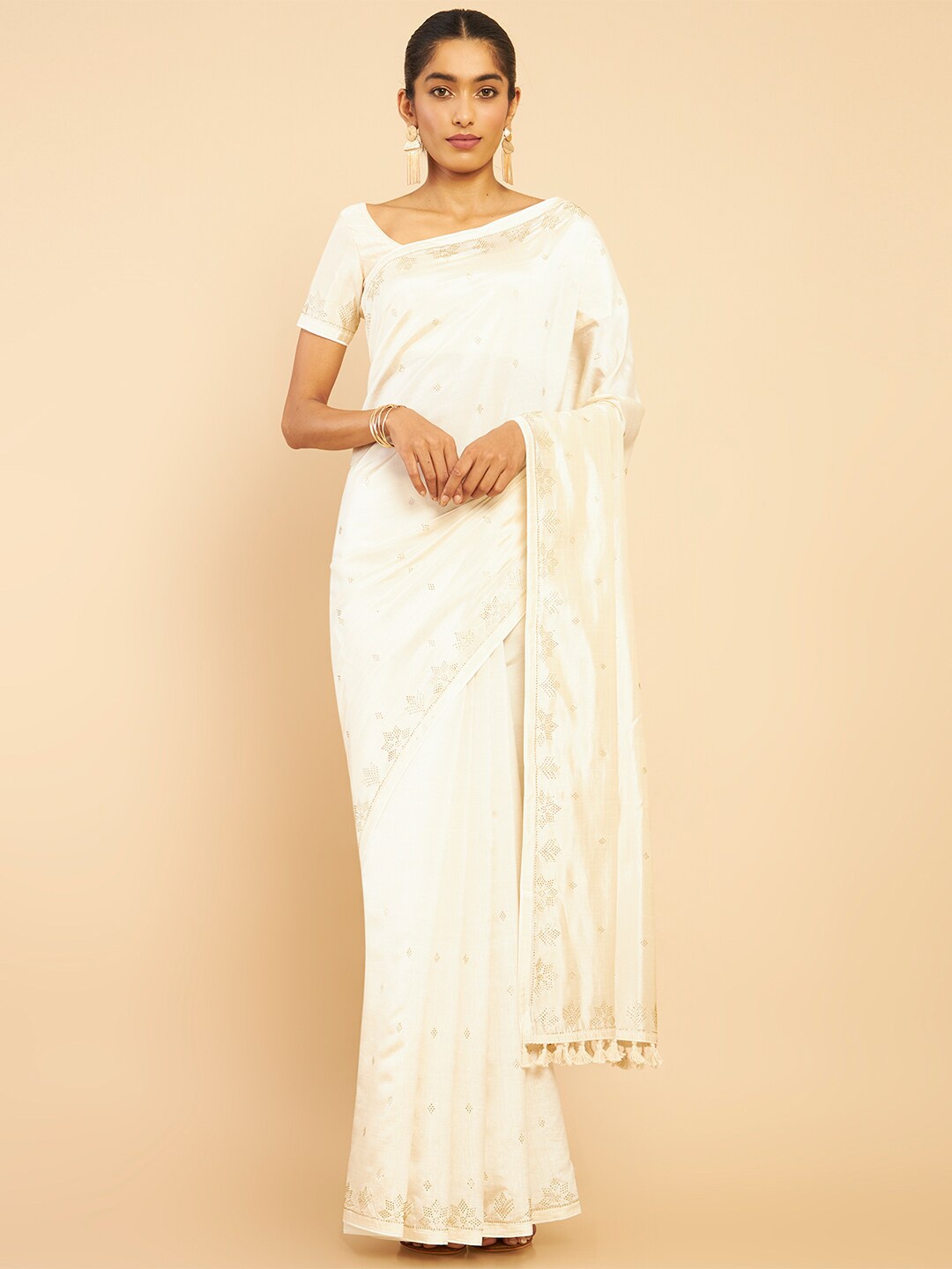 

Soch Cream-Coloured & Gold-Toned Embellished Beads and Stones Silk Blend Tussar Saree