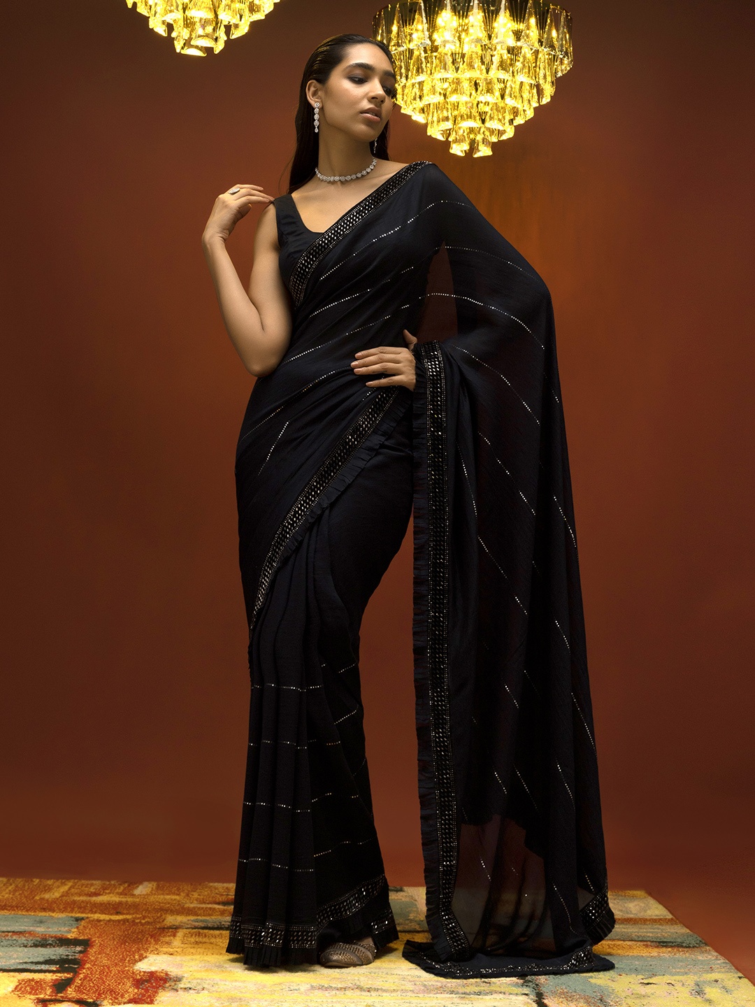 

Soch Navy Blue Striped Sequinned Silk Blend Tussar Saree