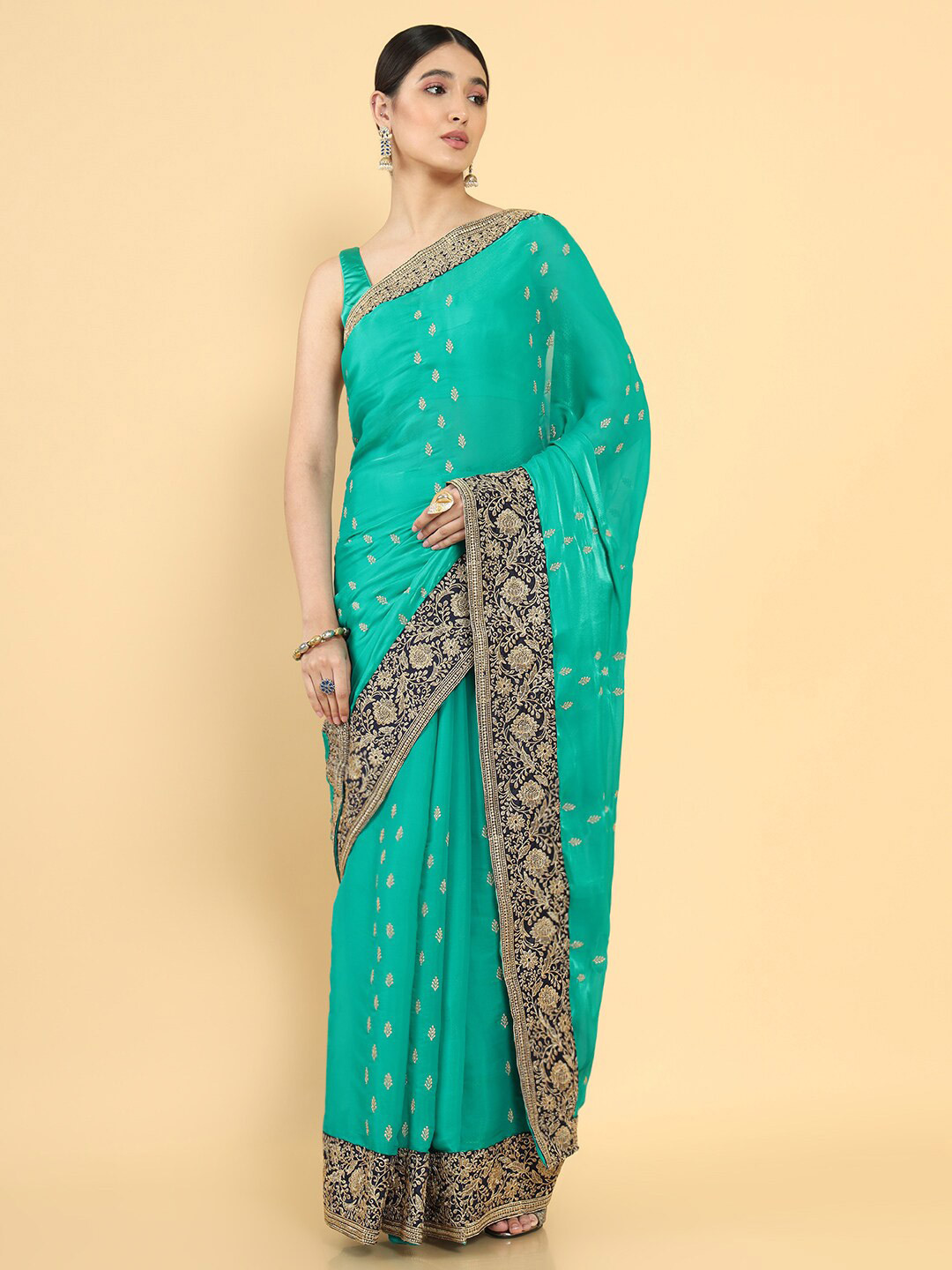 

Soch Teal & Gold-Toned Floral Embroidered Pure Chiffon Saree