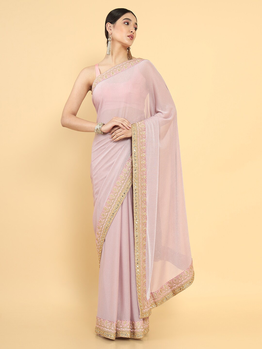 

Soch Pink & Gold-Toned Embroidered Pure Georgette Saree