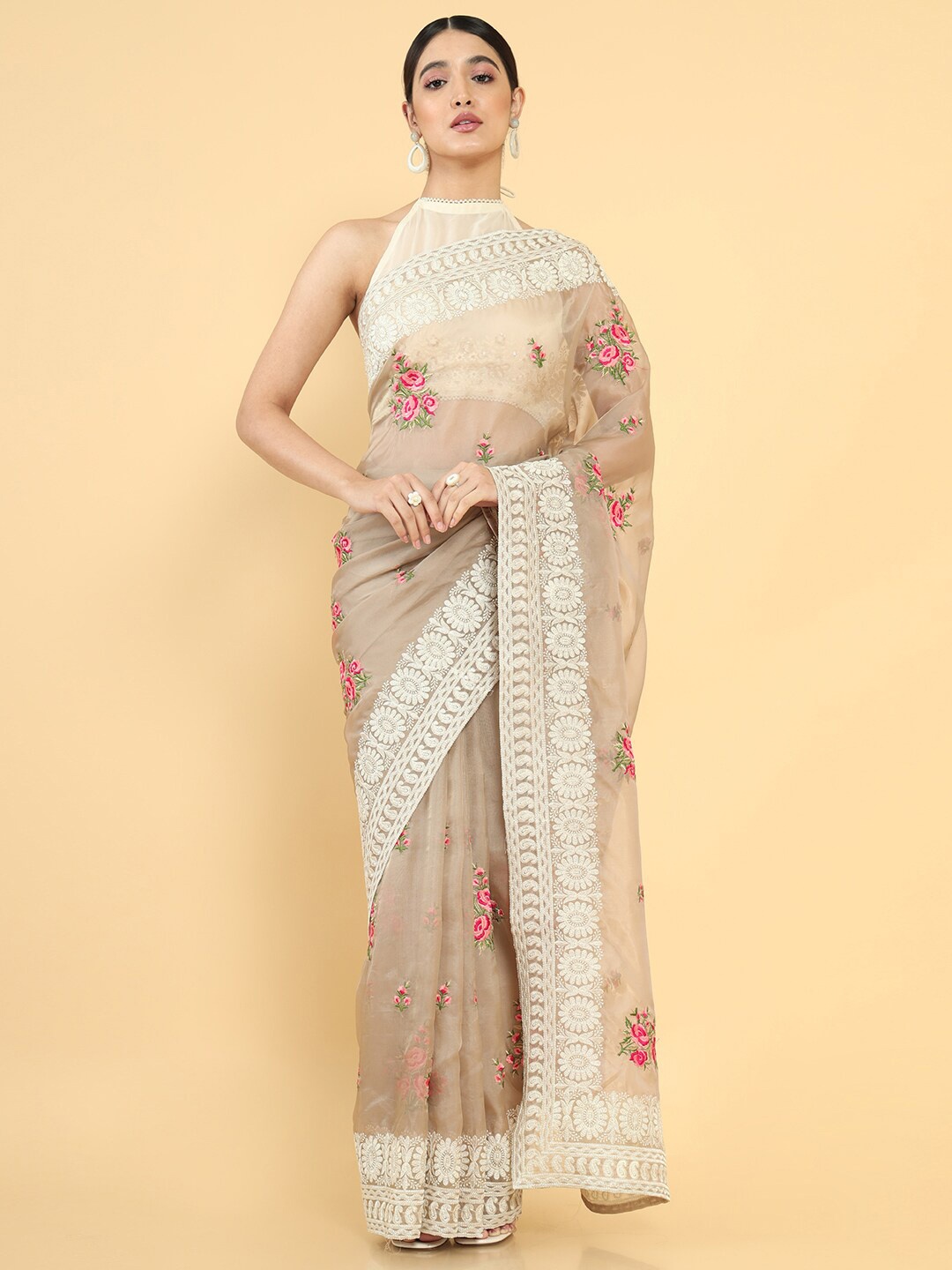 

Soch Brown & Pink Floral Embroidered Organza Saree