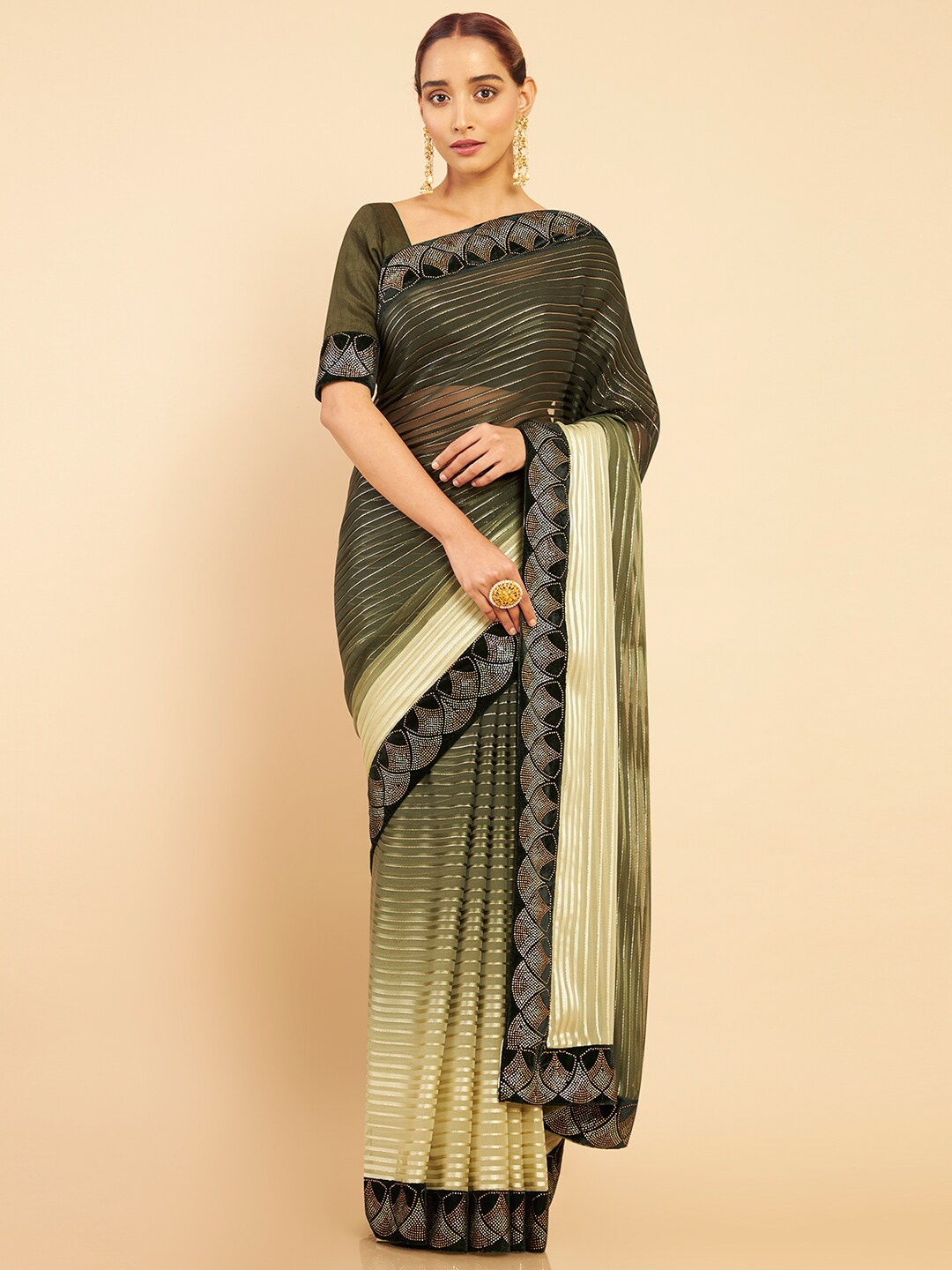 

Soch Green & Black Striped Beads and Stones Pure Georgette Saree