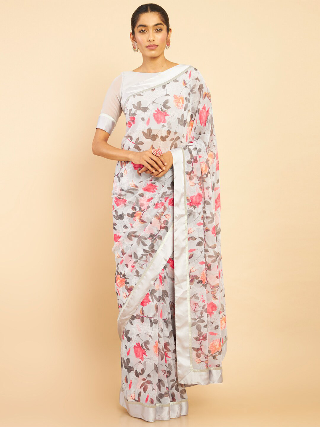 

Soch Women Grey & Pink Floral Pure Georgette Saree
